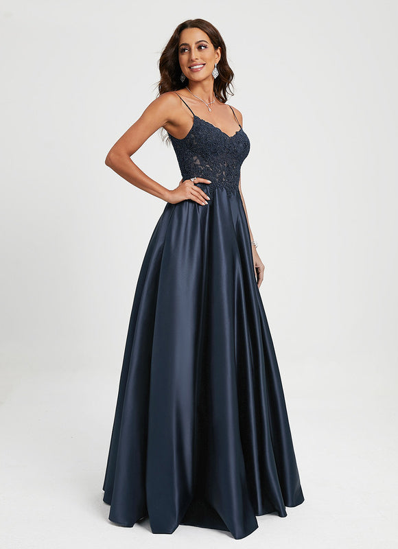 Robe Trapèze Bleu Marine Satin Dentelle Strass - gallery 2