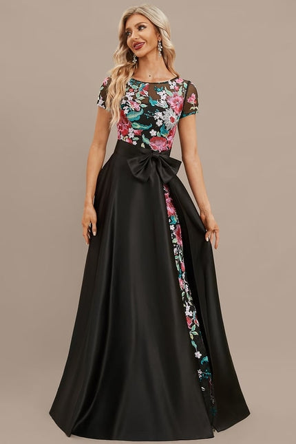 Robe Trapèze Noire Fleurie Satin Dentelle - gallery 2