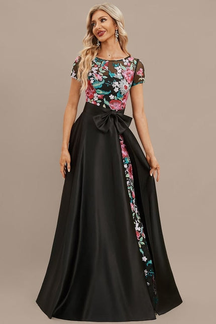 Robe Trapèze Noire Fleurie Satin Dentelle - gallery 2