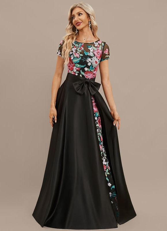 Robe Trapèze Noire Fleurie Satin Dentelle - gallery 2