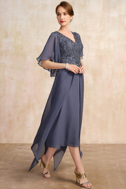 Robe Trapèze Bleu Marine Dentelle Mousseline - gallery 4
