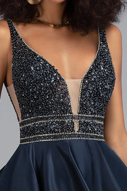 Robe Trapèze Bleu Marine Satin Perles Paillettes - gallery 4