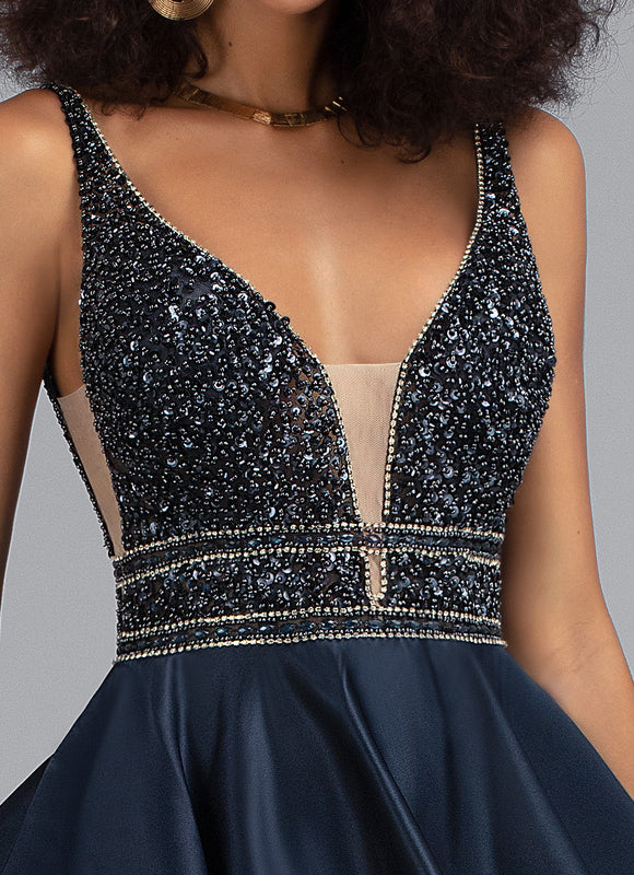 Robe Trapèze Bleu Marine Satin Perles Paillettes - gallery 4