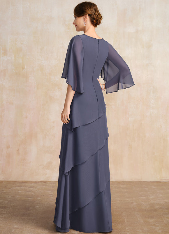 Robe Trapèze Bleue Marine Longue Avec Perles - gallery 5