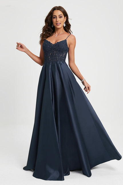 Robe Trapèze Bleu Marine Satin Dentelle Strass - gallery 3