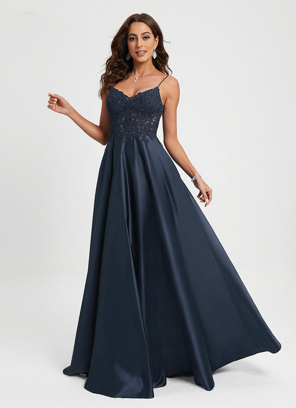 Robe Trapèze Bleu Marine Satin Dentelle Strass - gallery 3