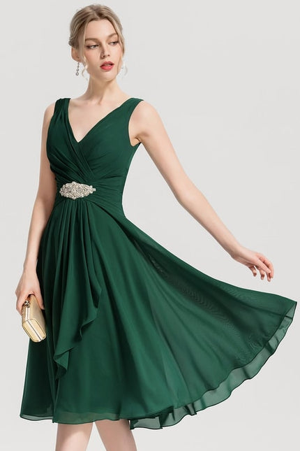 Robe Trapèze Vert Foncé Cocktail Perles - gallery 5