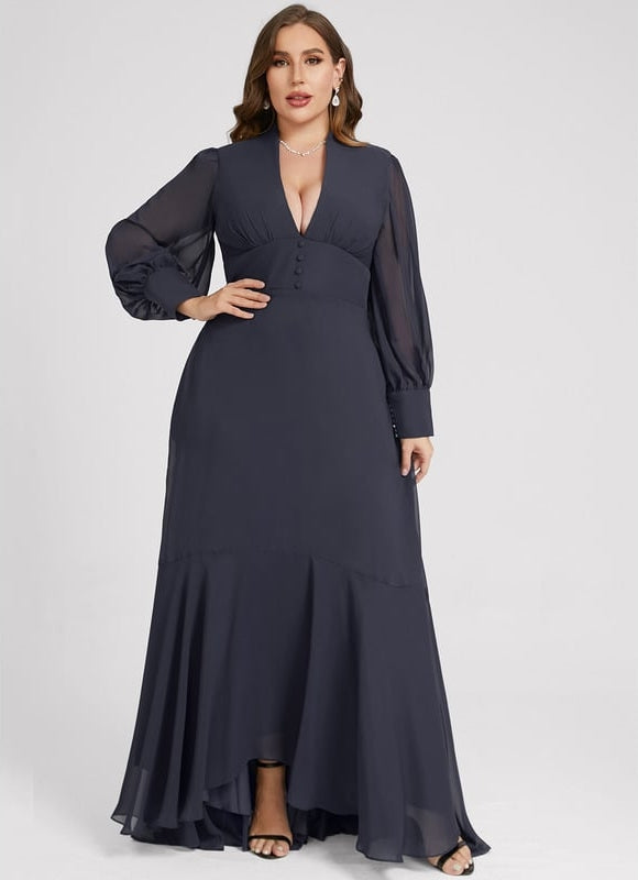 Robe Trapèze Bleue Marine Asymétrique Mousseline - gallery 9