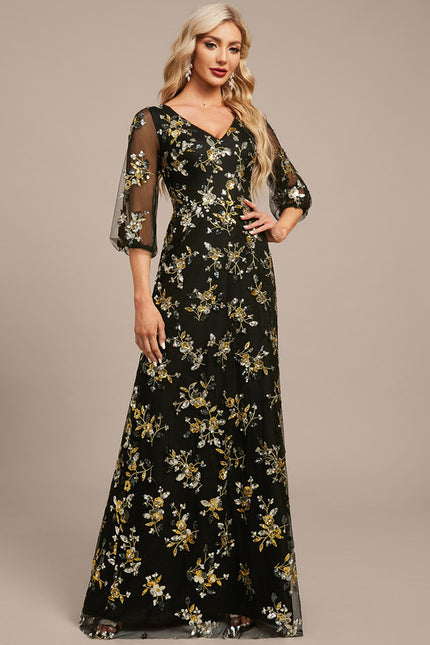 Robe Trapèze Élégance Sombre Fleurie - gallery 5