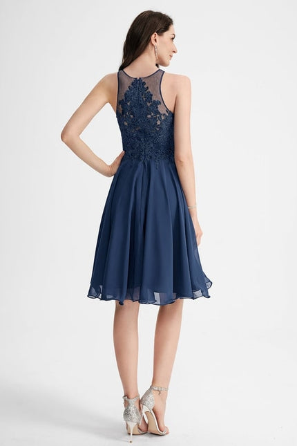 Robe Trapèze Bleue Dentelle Perles Cocktail - gallery 2