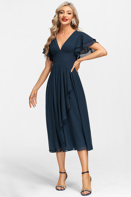 Robe Trapèze Bleu Marine Mousseline Volants - gallery 5