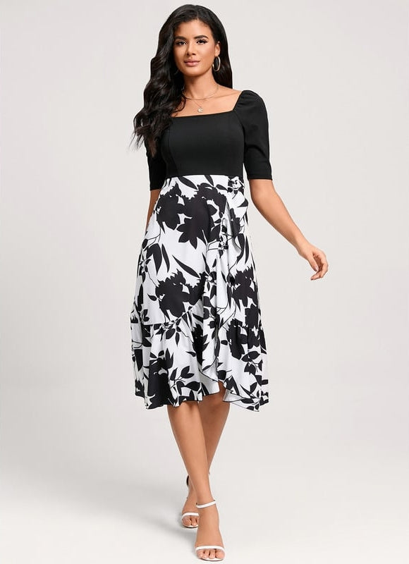 Robe Trapèze Asymétrique Noir Et Blanc - gallery 3
