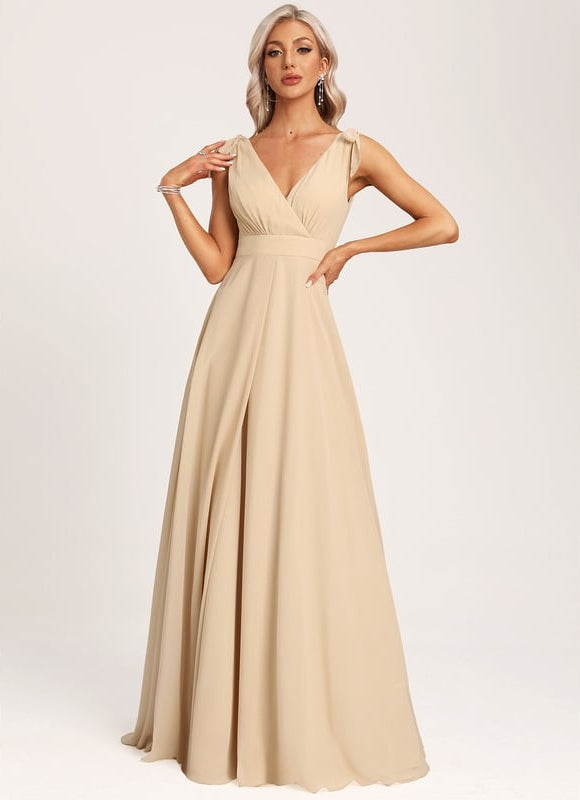 Robe Trapèze Beige Mousseline Avec Nœud