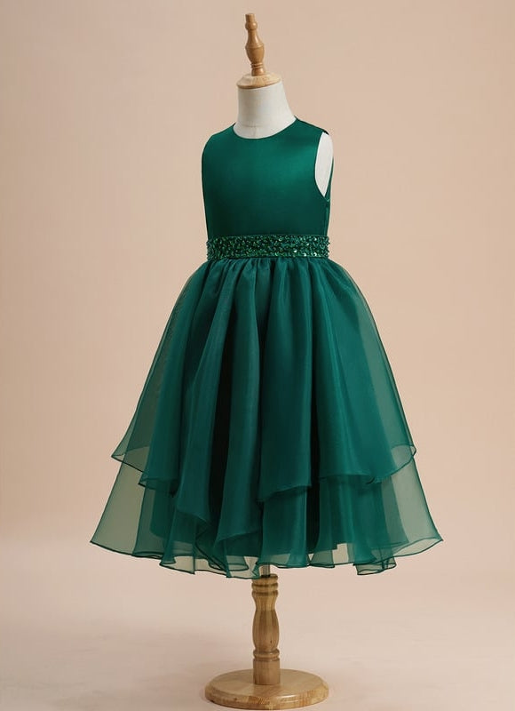 Robe Trapèze Vert Émeraude Mousseline Et Satin - gallery 2