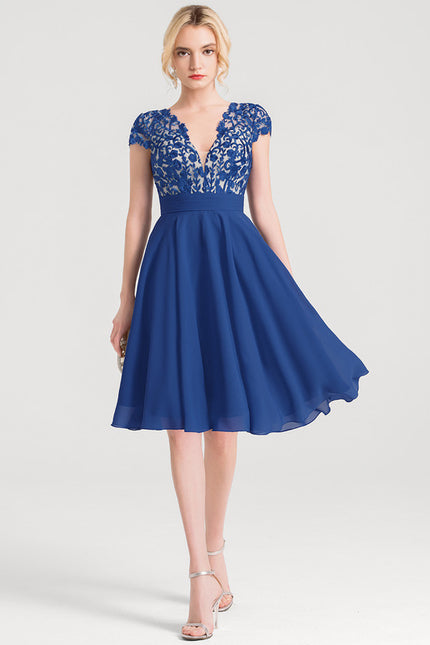 Robe Trapèze Bleue Dentelle Mousseline Volants - gallery 1