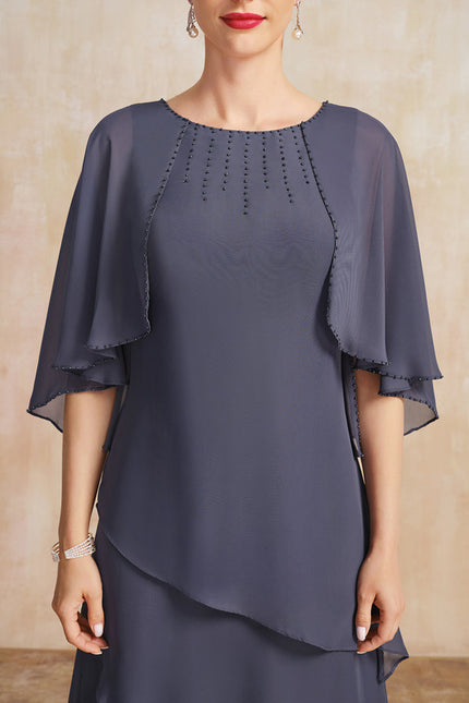 Robe Trapèze Bleue Marine Longue Avec Perles - gallery 6