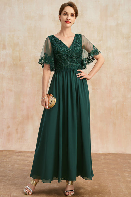 Robe Trapèze Verte En Mousseline Et Dentelle - gallery 2