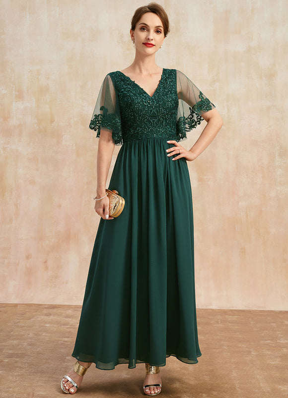 Robe Trapèze Verte En Mousseline Et Dentelle - gallery 2