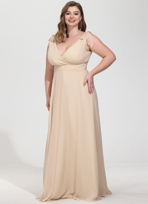 Robe Trapèze Beige Mousseline Avec Nœud - gallery 9
