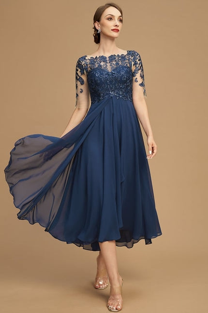 Robe Trapèze Bleu Marine Dentelle Mousseline