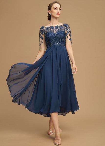 Robe Trapèze Bleu Marine Dentelle Mousseline