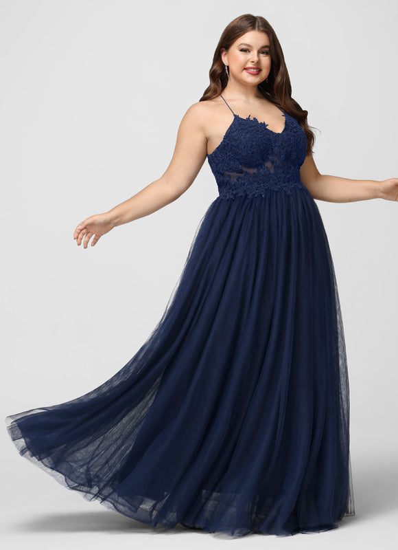 Robe Trapèze Bleu Marine Tulle Longue Strass - gallery 6