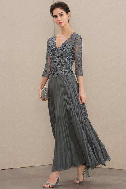 Robe Trapèze Gris Dentelle Mousseline Plissée - gallery 3