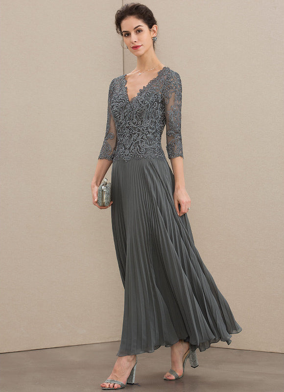 Robe Trapèze Gris Dentelle Mousseline Plissée - gallery 3