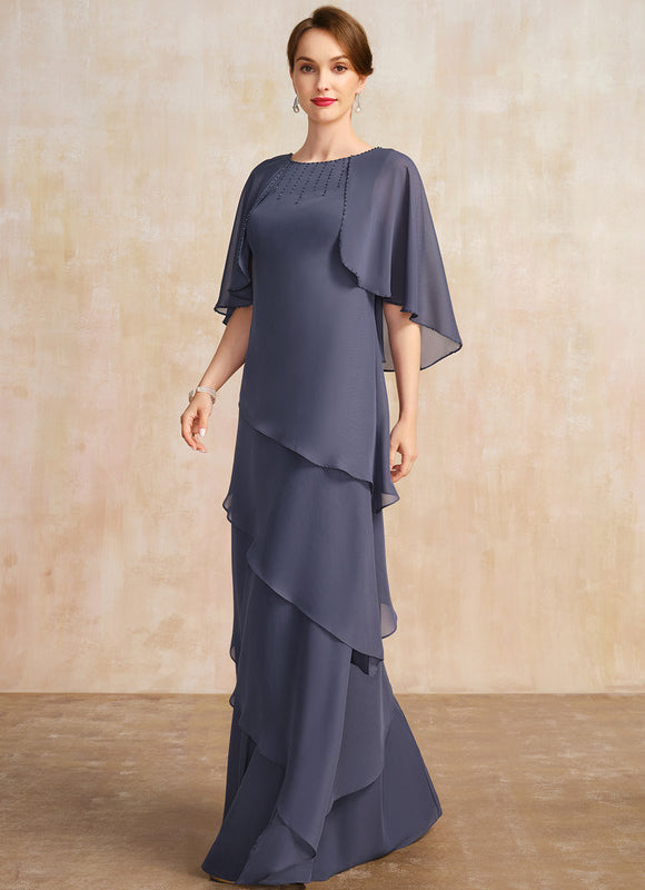 Robe Trapèze Bleue Marine Longue Avec Perles - gallery 3