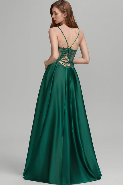 Robe Trapèze Vert Satin Dentelle Bal - gallery 1