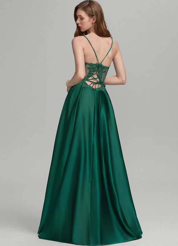 Robe Trapèze Vert Satin Dentelle Bal - gallery 1