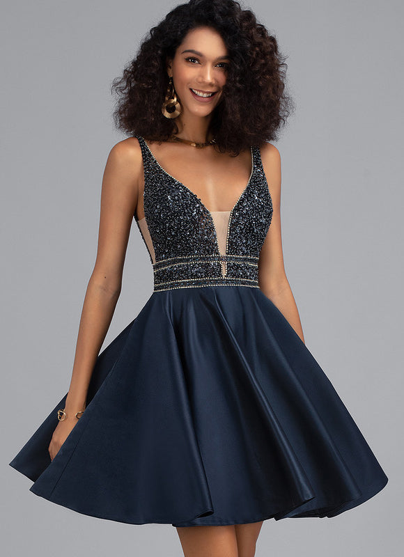 Robe Trapèze Bleu Marine Satin Perles Paillettes
