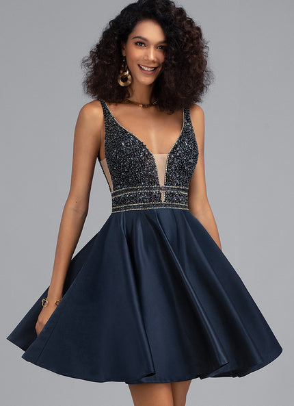 Robe Trapèze Bleu Marine Satin Perles Paillettes