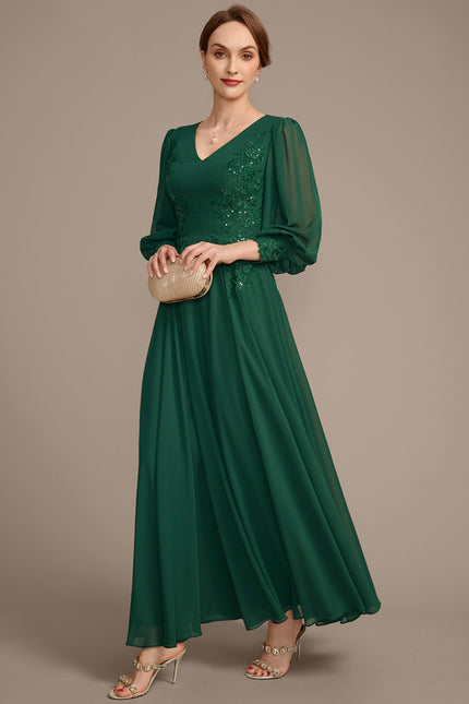 Robe Trapèze Verte En Mousseline Et Dentelle - gallery 3