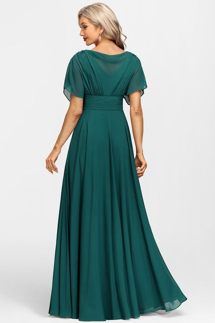 Robe Trapèze Verte Soirée Plissée Perlée - gallery 6