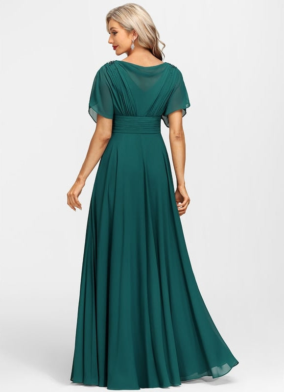 Robe Trapèze Verte Soirée Plissée Perlée - gallery 6