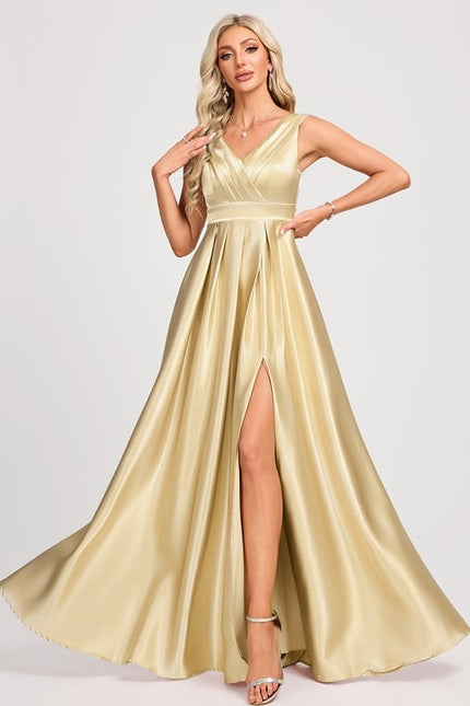 Robe Trapèze Satin Doré Élégante