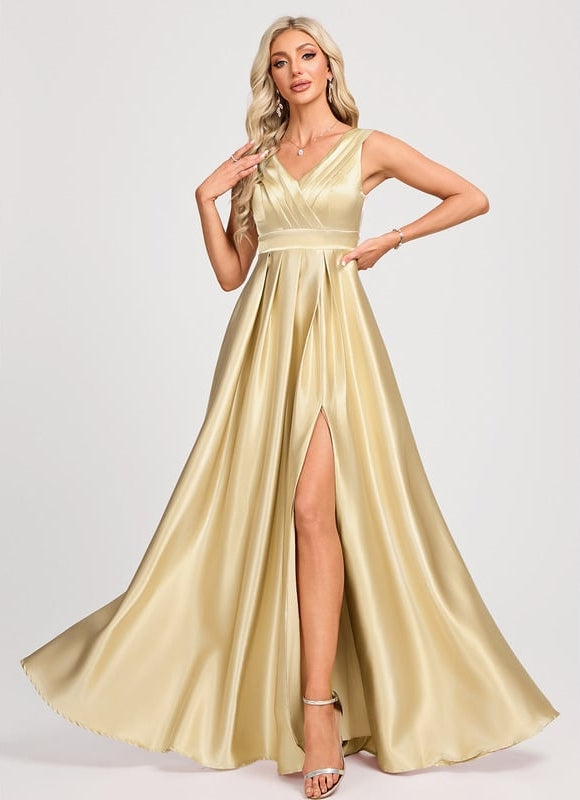 Robe Trapèze Satin Doré Élégante