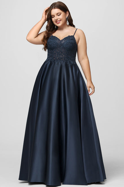 Robe Trapèze Bleu Marine Satin Dentelle Strass - gallery 9