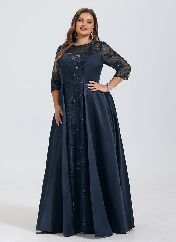 Robe Trapèze Bleue Marine Satin Dentelle Paillettes - gallery 9