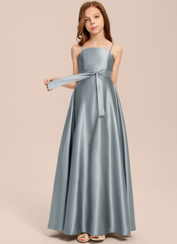 Robe Trapèze Bleu Satin Longue Avec Nœud