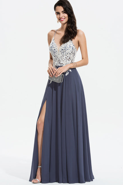 Robe Trapèze Verte En Mousseline Avec Perles Et Paillettes - gallery 3