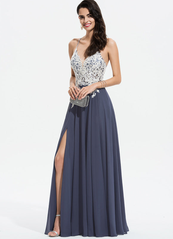 Robe Trapèze Verte En Mousseline Avec Perles Et Paillettes - gallery 3