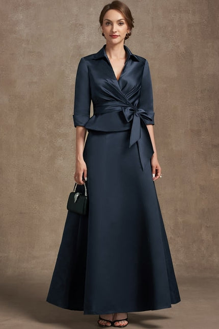 Robe Trapèze Bleu Marine Satin Longue À Nœud