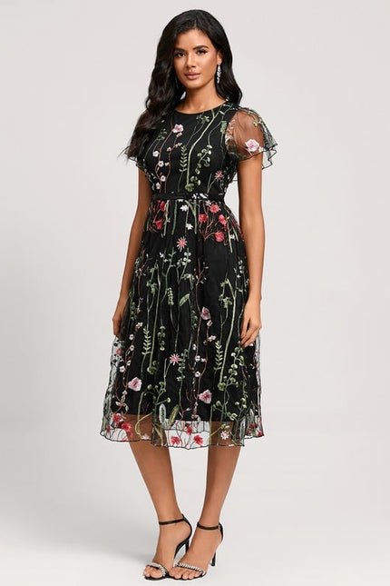 Robe Trapèze Noire À Fleurs - gallery 2