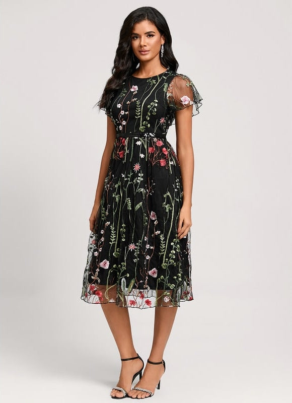 Robe Trapèze Noire À Fleurs - gallery 2