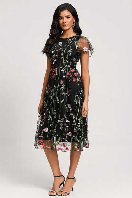 Robe Trapèze Noire À Fleurs - gallery 2
