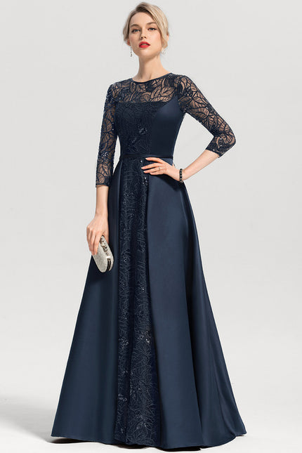 Robe Trapèze Bleue Marine Satin Dentelle Paillettes - gallery 3