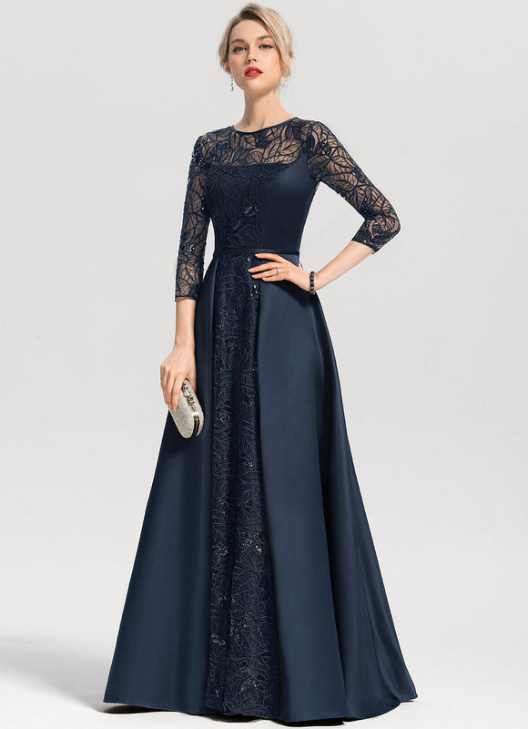 Robe Trapèze Bleue Marine Satin Dentelle Paillettes - gallery 3