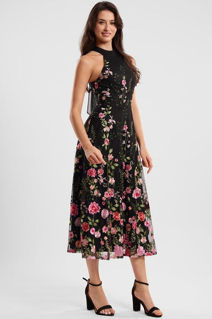 Robe Trapèze Fleurie Noire - gallery 2